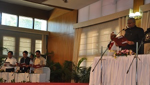The Governor of Arunachal Pradesh Shri Tathagata Roy administering the oath of newly appointed Cabinet Ministers of the State in  Darbar Hall, Raj Bhavan, Itanagar on 3rd August 2016.